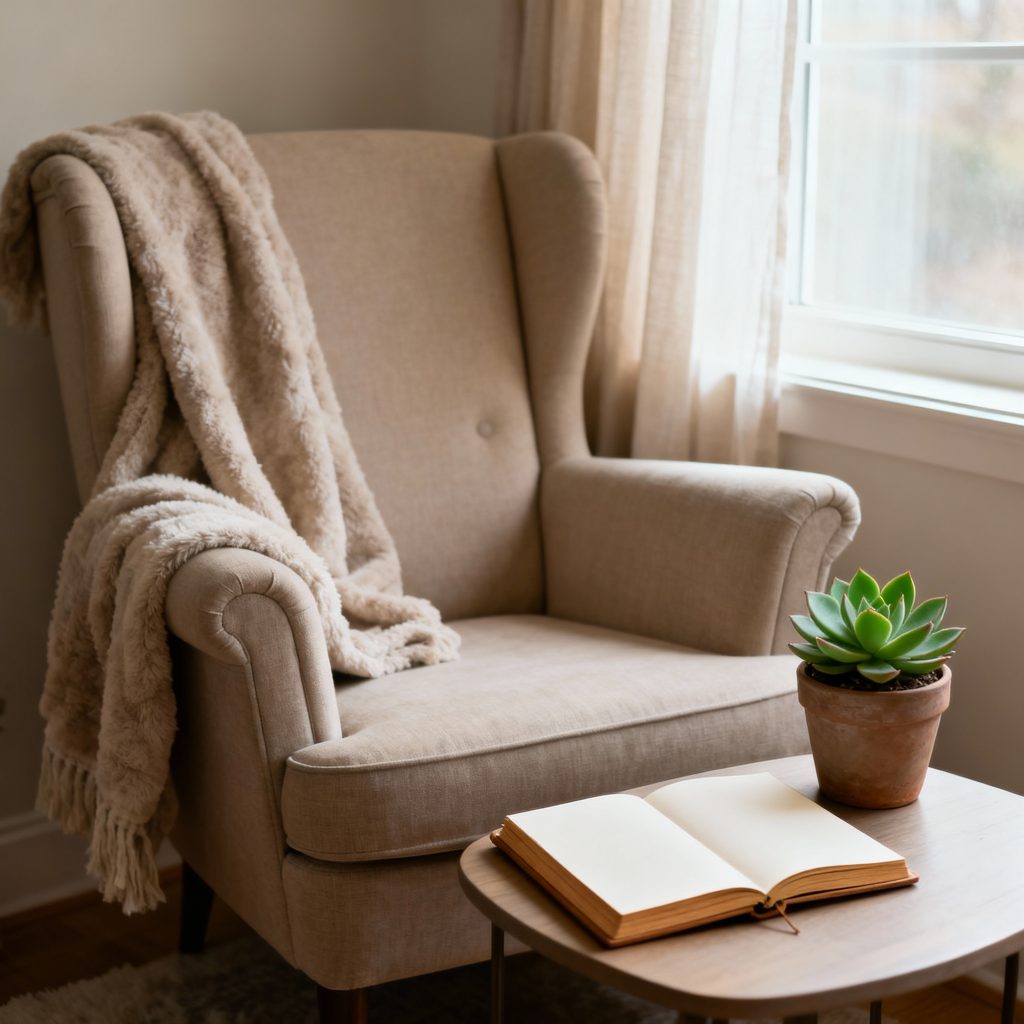 Warm and inviting self-care sanctuary with soft lighting, cozy blankets, candles, and comforting elements creating a peaceful space for rest and healing from depression