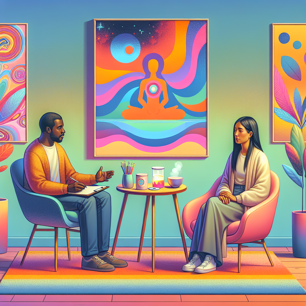 A visually engaging and professional artwork representing psychedelic-assisted therapy for mental health. The image features a serene therapy session in a brightly colored, softly lit room. A therapist with a warm demeanor, of black descent, sits in a modern chair talking to a patient, a Hispanic woman, who appears calm and contemplative. On a table between them are symbolic items, like a notebook, a cup of herbal tea, and vibrant, abstract art pieces hinting at psychedelics. The background features subtle artwork on the walls, incorporating dreamlike and colorful psychedelic patterns, creating a hopeful and positive atmosphere.