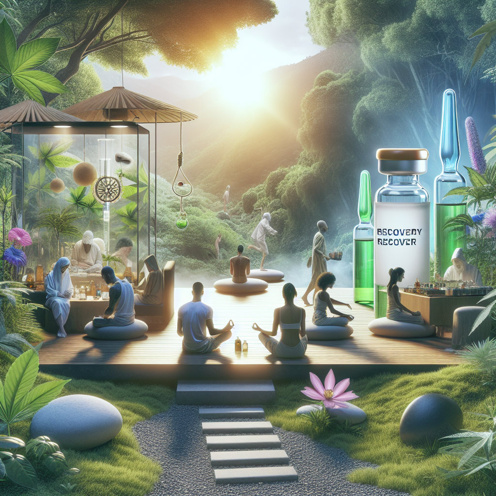 A visually compelling image featuring a serene and calming setting symbolizing recovery and hope. The scene should show a diverse group of people (different descents and genders) engaging in deep reflection or peaceful activities such as meditation, set against a backdrop of a lush natural environment. Highlight a focus on a scientific and therapeutic aspect with some subtle elements like vials or plants resembling ibogaine in a respectful manner, placed in a small, unobtrusive laboratory-like setup in the background. The mood of the image should be harmonious, uplifting, and hopeful, emphasizing the concept of healing and transformation.
