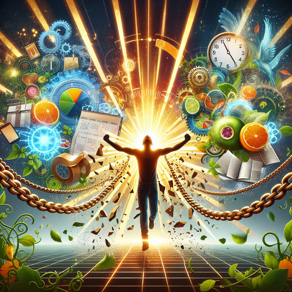 An inspiring and visually appealing digital art depiction of breaking bad habits. The image showcases a person, diverse in terms of descent and gender representation, triumphantly breaking free from chains of negative habits, symbolized as glowing chains shattering around them. The background features vibrant elements like golden light rays, green vines symbolizing growth, and a clear blue sky. Surrounding the person are dynamic visual icons like a clock and calendar (symbolizing time management), books (learning), and fruits (healthy living). The overall tone of the image is uplifting, motivational, and highlights success and positivity.