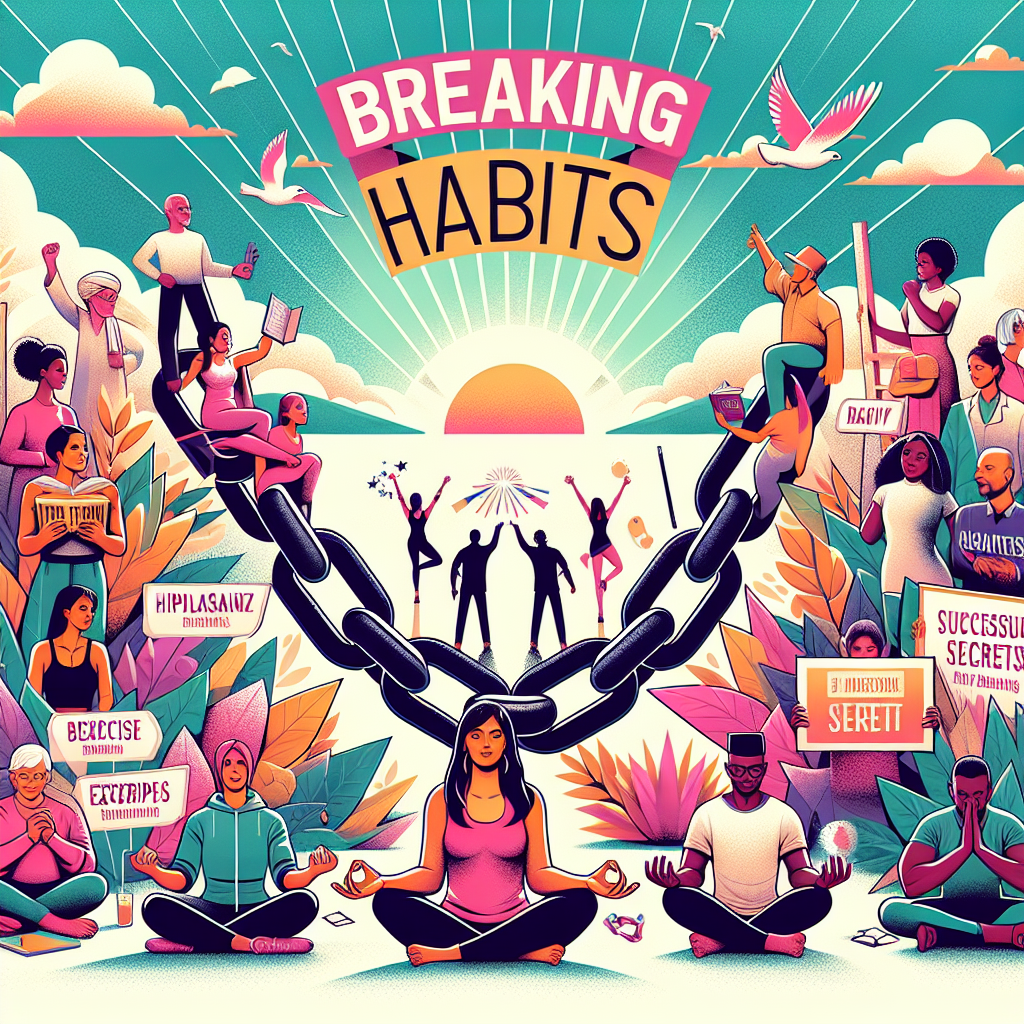 A visually engaging and motivational illustration of breaking bad habits and adopting positive routines. The image features a diverse group of individuals of varying descents (e.g., Caucasian, Black, Hispanic, Middle-Eastern, South Asian) and genders successfully overcoming bad habits. Representations of progress include symbolized chains breaking apart, books titled 'Success Secrets,' and daily routines such as exercise, meditation, and journaling. The background consists of a bright, uplifting landscape with a sunrise symbolizing new beginnings. Artistic style is modern and clean, emphasizing inspiration and transformation.