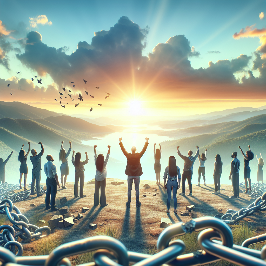 An inspirational scene depicting a diverse group of individuals successfully breaking free from symbolic chains representing bad habits in a serene, uplifting environment. The image shows people of varied descent and genders standing on a mountaintop during a calm sunrise, symbolizing a new beginning. They are surrounded by broken chains and are raising their hands triumphantly towards the sky. The background portrays a stunning view of the rising sun, casting a golden glow over the landscape with mountains and a clear blue sky. The mood is motivational, hopeful, and full of possibilities.