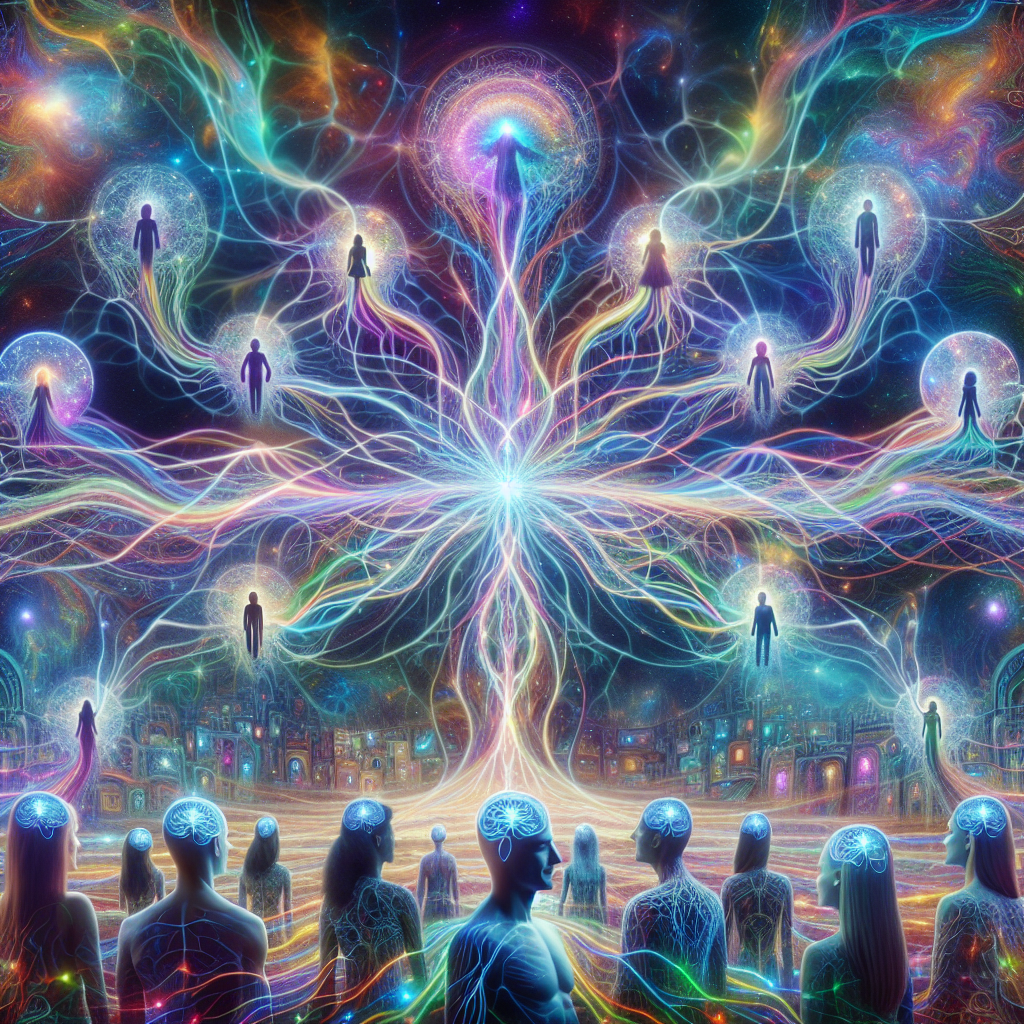 A visually stunning, surreal depiction of the concept of feeling connected through psychedelics. The image features an ethereal, dreamlike scene where people of diverse descents and genders are interconnected by vibrant, glowing neural-like threads. The threads pulse with radiant colors like purples, blues, greens, and golds, creating a mesmerizing atmosphere. The backdrop includes kaleidoscopic patterns, glowing landscapes, and peaceful cosmic ambience to represent expanded awareness. Each individual is smiling, with expressions of peace and harmony, symbolizing connection and unity, with no specific references to actual substances depicted.