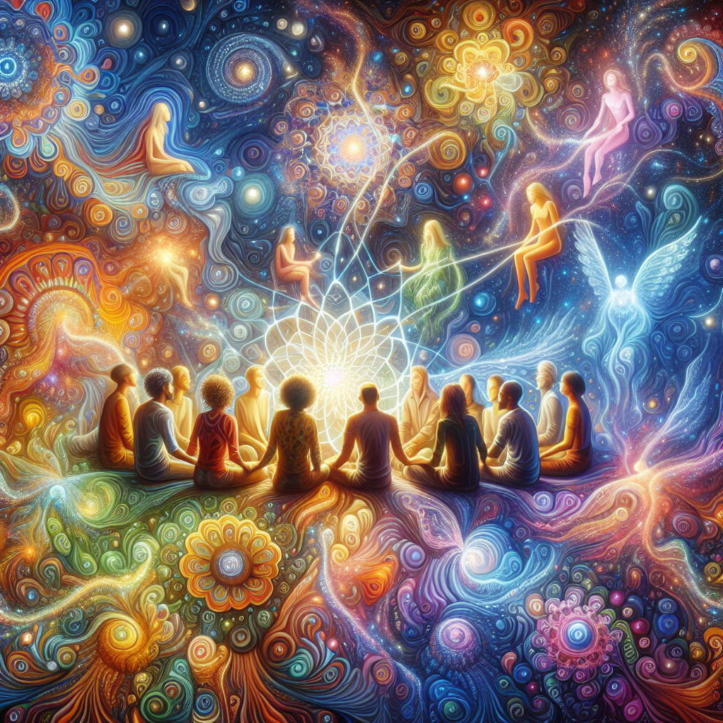 A visually immersive depiction of psychedelics and the sense of connection they can evoke. Illustrate a surreal and vibrant scene showing an abstract landscape, filled with colorful, intricate patterns inspired by fractals and nature, blending seamlessly with human figures. Include diverse individuals representing various descents (Caucasian, Black, Hispanic, South Asian, and Middle-Eastern) gently engaging with one another. The figures should radiate warmth and positivity, surrounded by swirling motifs of interconnectedness like luminous webs or glowing, intertwined vines. The atmosphere should feel calming and transcendental, with bright yet harmonious colors, hinting at emotions of unity and peace.