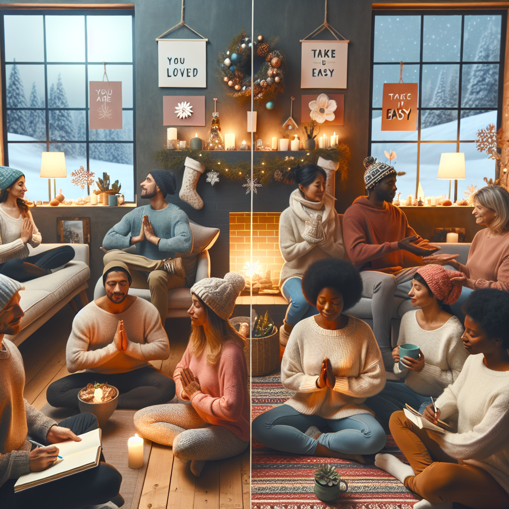 An inviting and serene holiday scene featuring a diverse group of people spending time together in a cozy living room. Some individuals are meditating on a sofa, others practicing gratitude by exchanging thoughtful gestures, and others journaling by a warm fireplace decorated with holiday ornaments. Soft lighting sets a calming mood, with snow-covered windows visible in the background. The group includes people of different descents – Caucasian, Hispanic, Black, Middle-Eastern, South Asian – and genders equally represented, emphasizing inclusiveness and connection. Surroundings display cheerful, supportive messages like 'You are loved' and 'Take it easy' written on festive cards.