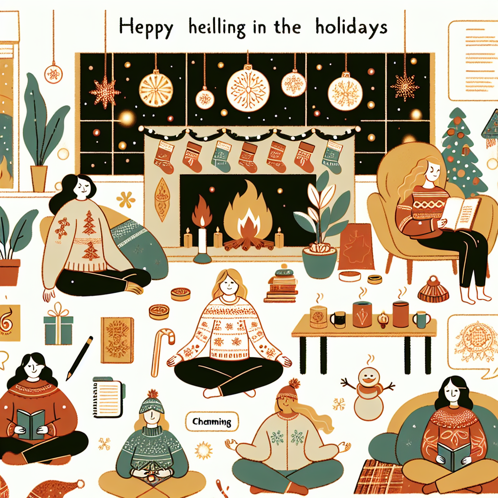 An illustration of a cozy holiday scene emphasizing mental health and well-being. The setting includes people in a festive living room, decorated with holiday ornaments, lights, and a glowing fireplace. Show diversity among the people, including individuals of various descents and genders, engaging in activities like mindfulness exercises, reading, journaling, and enjoying hot beverages. Include calming details like soft blankets, potted plants, and soothing ambient lighting. Make it warm and cheerful, focusing on relaxation and connection during the holidays.