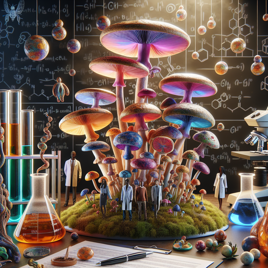 A visually captivating representation of psychedelic mushrooms in a research-focused setting. Show a collection of colorful, detailed mushrooms such as Psilocybin species growing naturally on forest moss. Surround these mushrooms with laboratory elements such as beakers, microscopes, and scientific notes to indicate the study and analysis of their mental health benefits and risks. Add human figures of diverse descent (Caucasian, Hispanic, Black, Middle-Eastern, South Asian, White) wearing professional lab attire, observing and working on the research. Incorporate soft lighting to give the scene an inspiring and scientific atmosphere.
