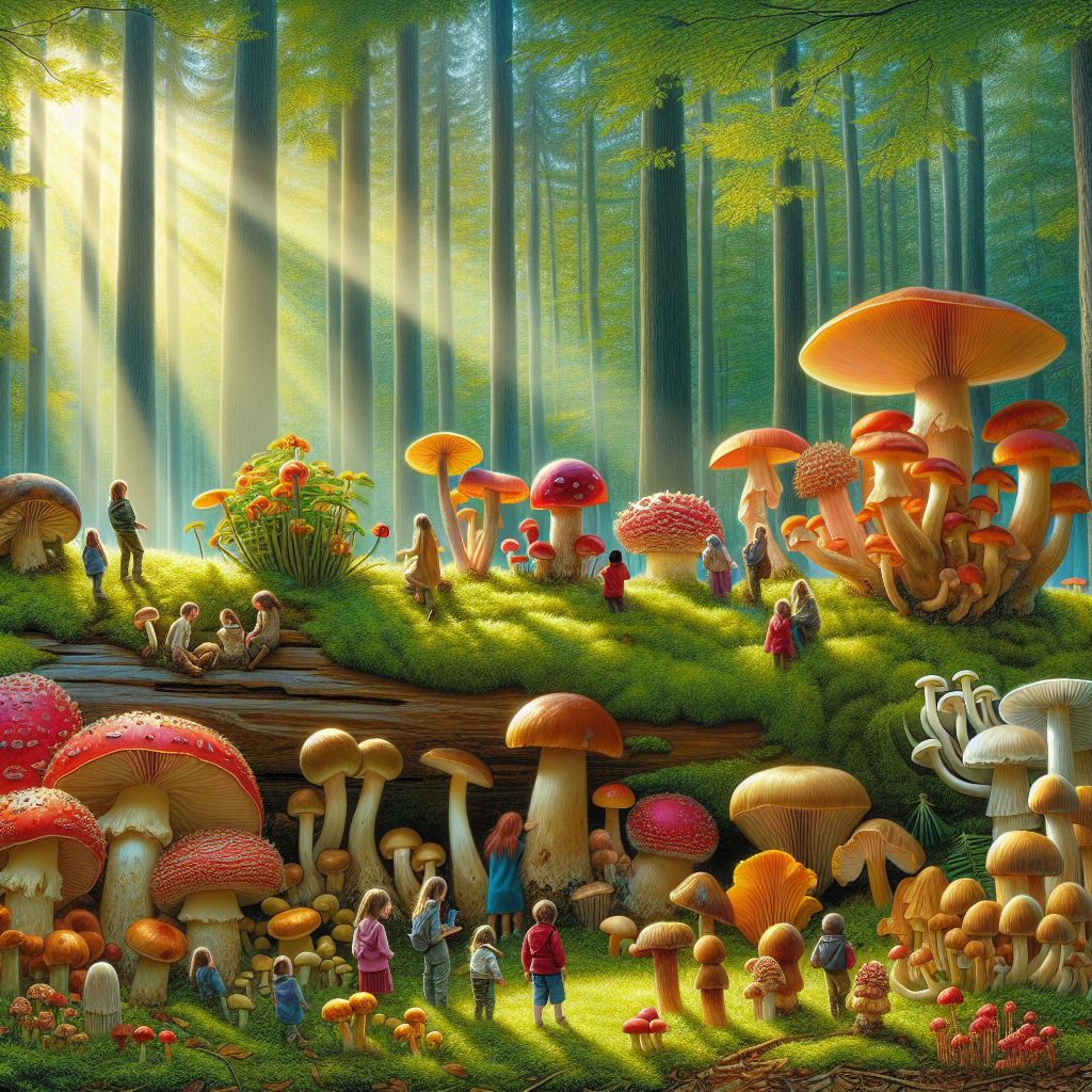 An artistic depiction of a serene forest scene, featuring an array of colorful mushrooms nestled among moss-covered logs and soft grass. The mushrooms include varieties such as vibrant red amanitas, golden chanterelles, and delicate white caps. The backdrop includes tall, lush trees with sunbeams filtering through the leaves, creating a calming and joyful atmosphere. A diverse group of people, varying in descent, gender, and age, are shown gathering and admiring the fungi. Their expressions convey curiosity and happiness. The image emphasizes a connection between nature and emotional well-being.